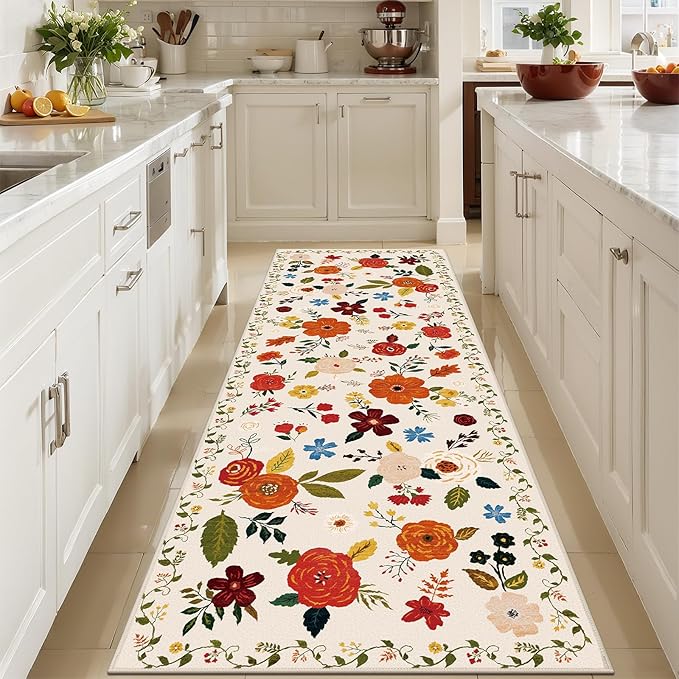 U'Artlines 2'x6' Boho Runner Rug for Hallways Kitchen Colorful Floral Soft Non Slip Washable Floor Carpet Runners for Entryway Laundry Room Bathroom Beige