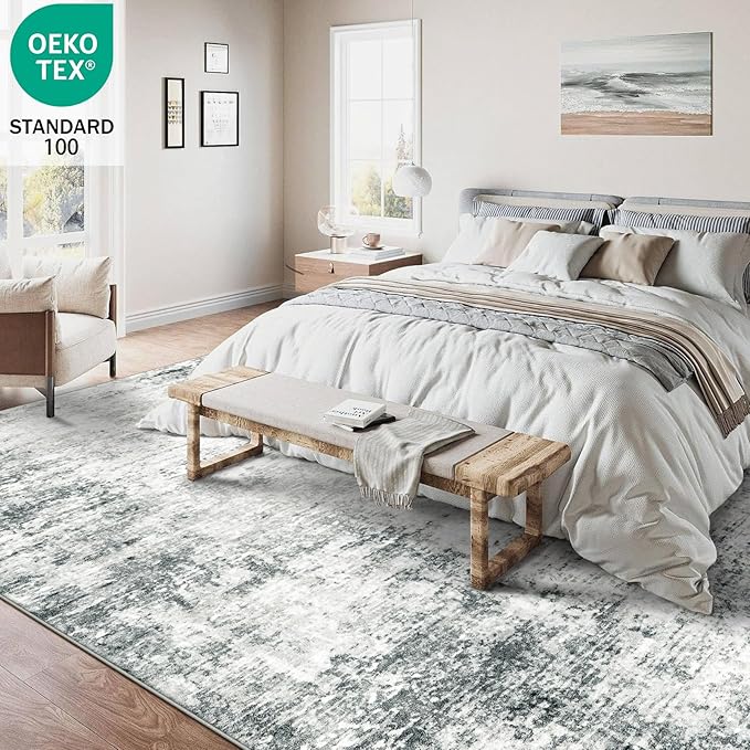 6x9 Machine Washable Area Rug for Living Room, Grey Modern Vintage Abstract Rug Large Non-Slip Low Pile Soft Faux Wool Carpet, Kids and Pets Friendly for Bedroom Dining Room Farmhouse Home Decor Rug