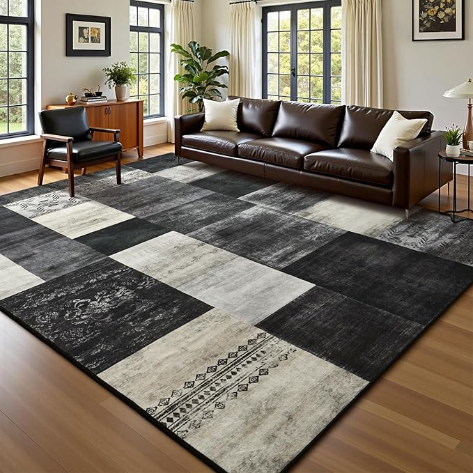 DweIke Washable Area Rugs for Living Room, 4x6 Soft Bedroom Rugs, Geometric Print Non-Slip Modern Rug, Stain Resistant Throw Carpets for Office Nursery Dining Room Home Dorm Decor, Black and White
