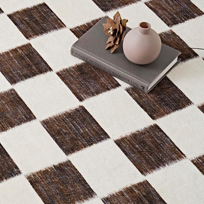 EVERGRACE Checkered Plaid Area Rug 2x6, Soft Fuzzy Faux Wool Rugs Washable Anti Slip Rugs Long Runner Rug for Entryway Bedroom Living Room Hallway Dining Room and Laundry, Dark Brown and White