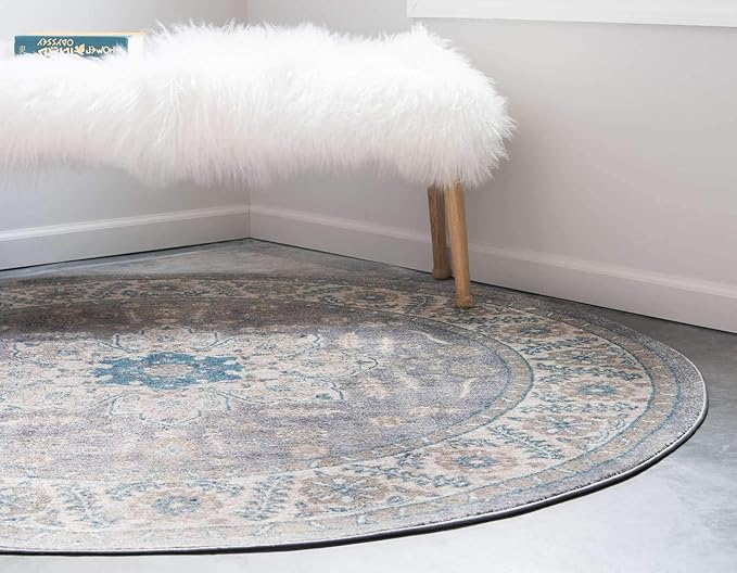 Unique Loom Salzburg Collection Classic Traditional Design Oriental Inspired Border Area Rug (5' 0 x 5' 0 Round, Gray/Beige)