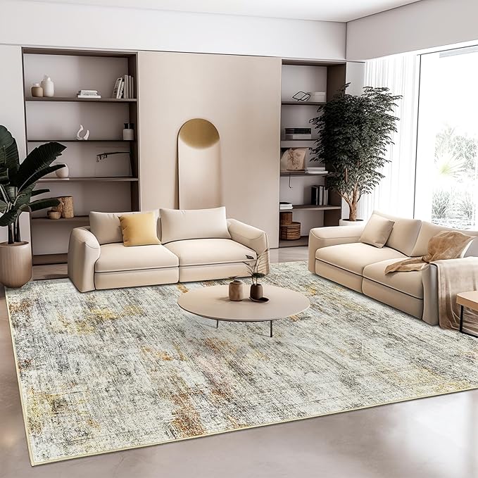 Washable Area Rug 8x10, Large Soft Abstract Rugs for Living Room Vintage 8x10 Area Rugs for Bedroom Dining Room Non-Slip Stain Resistant Under Table Gray Rust Rug