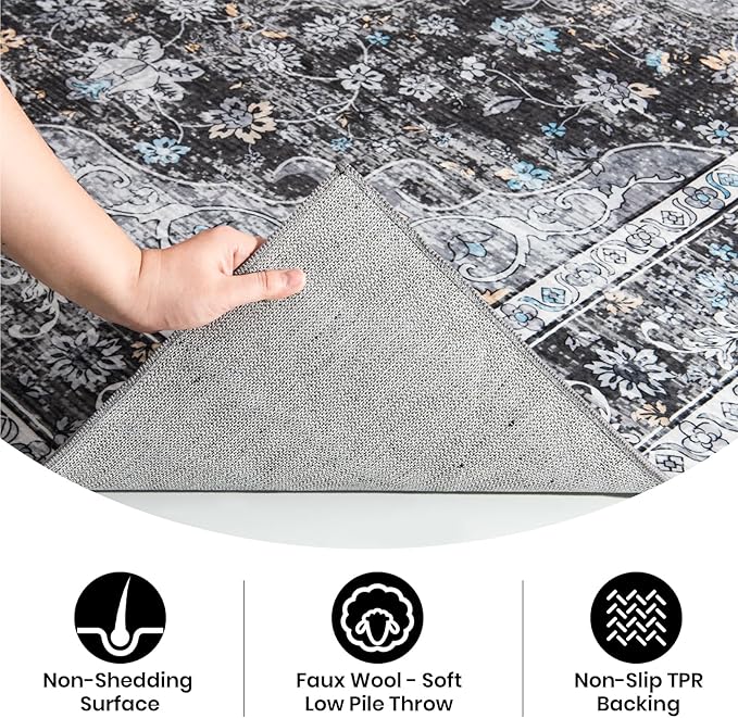 Area Rug - 9x12 Large Dining Room Rug Soft Living Room Mat, Vintage Washable Indoor Floor Throw Carpet for Bedroom, Playroom, Home Office (Dark Grey)