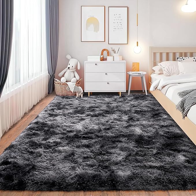 Shaggy Area Rugs, Fuzzy Rugs for Living Room, Soft Nursery Area Rug for Girls, Tie Dye Black Gray Plush Area Rugs Non Slip, Fluffy Rug Carpet 8x10ft