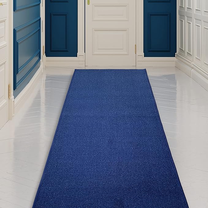 Custom Made Runner Rug Low Pile with Rubber Backing for Kitchen Foyer Hallway Entry Choose Your Length Size 26 Inch Wide Solid and Plain Dark Blue Color (20 feet x 26 inch)