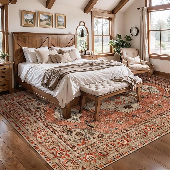Tangsoo Boho 6x9 Area Rug Washable for Living Room, Vintage Rug Indoor Non Slip Large Area Rugs, Print Distressed Terracotta Carpet, Soft Low Pile Rug Foldable Floor Rugs for Bedroom Dining Room Dorm