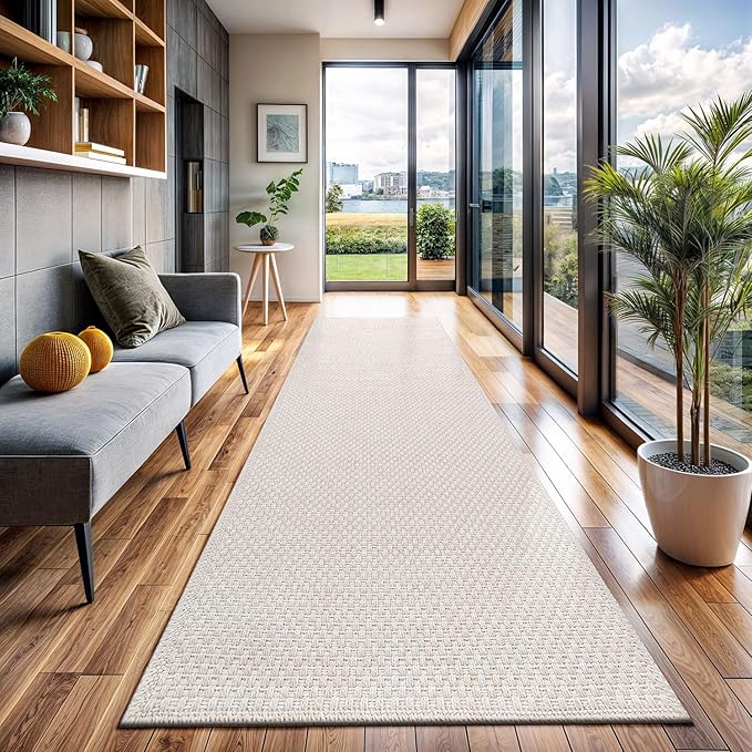 CAMILSON Indoor and Outdoor Runner Rug Off-White Solid Woven Design Easy-Cleaning Non Shedding Farmhouse Living Room Bedroom Garden Patio and Kitchen Washable Outside Carpet Alfombras (2x7)