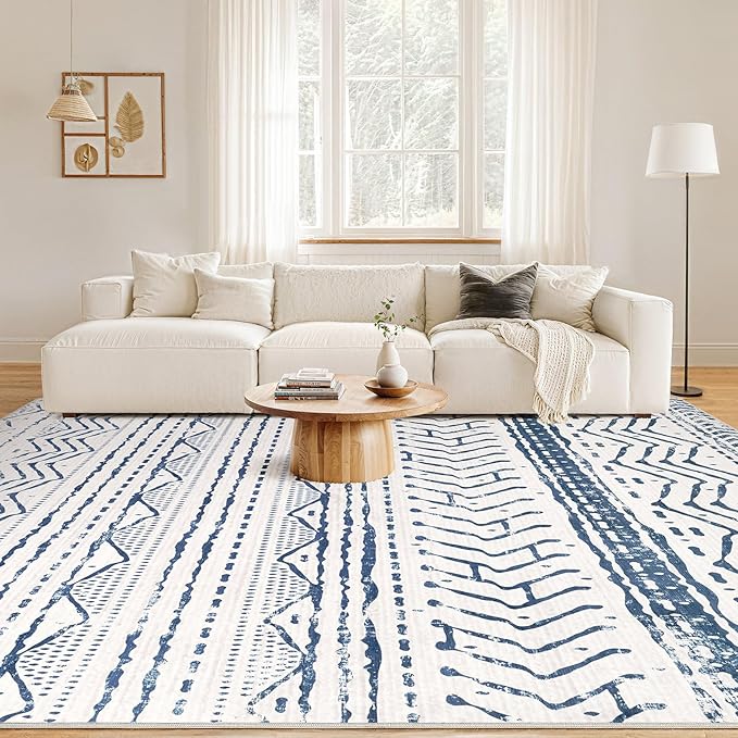 Nakagishi Area Rugs 8x10 Living Room: Washable Boho Large Neutral Soft Farmhouse Rug Stain Resistant Modern Moroccan Non-Slip Indoor Carpet for Bedroom Nursery Kids Playroom Office Dining Room- Navy