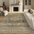 10x12 Vintage Area Rug Green Brown Living Room Bedroom Washable Carpet Non-Slip Soft Low Pile Distressed Indoor Large Throw Rug for Dining Room Office