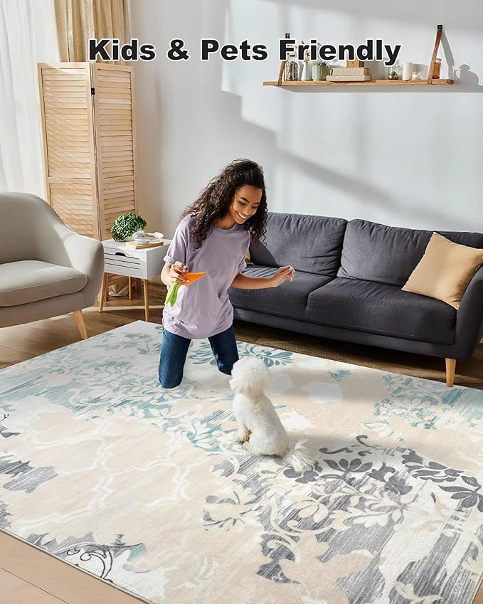 Washable Abstract Rug, 6x9 Ivory and Aqua Floral Area Rugs with Non-Slip Rubber Backed for Living Room, Low Pile Modern Throw Carpet Bedroom Dining Room Decor