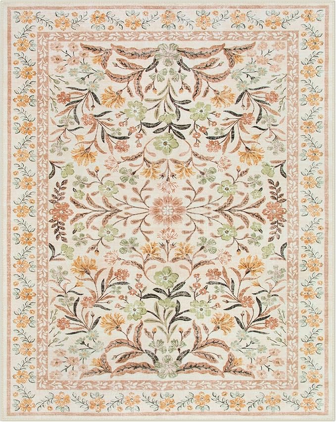 Lahome Fall Floral Washable Area Rugs 8x10, Boho Living Room Large Rugs Non-Slip for Bedroom, Soft Rubber Backed Burnt Orange Carpet for Dining Playroom Decor, Ochre Fall