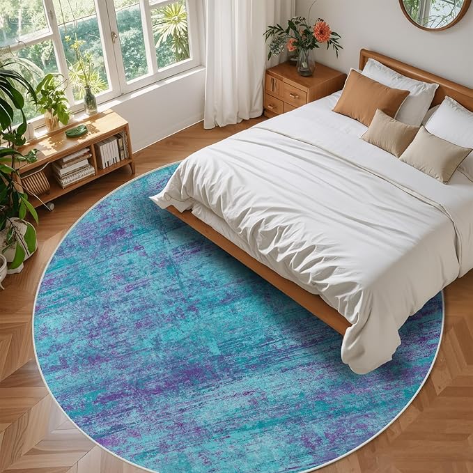 Round 6ft Abstract Rug, Modern Washable Indoor Circle Area Rugs for Living Room, Soft Large Circular Non-Slip Carpet Floor Mat for Bedroom Dining Room Home Office - Teal+Purple