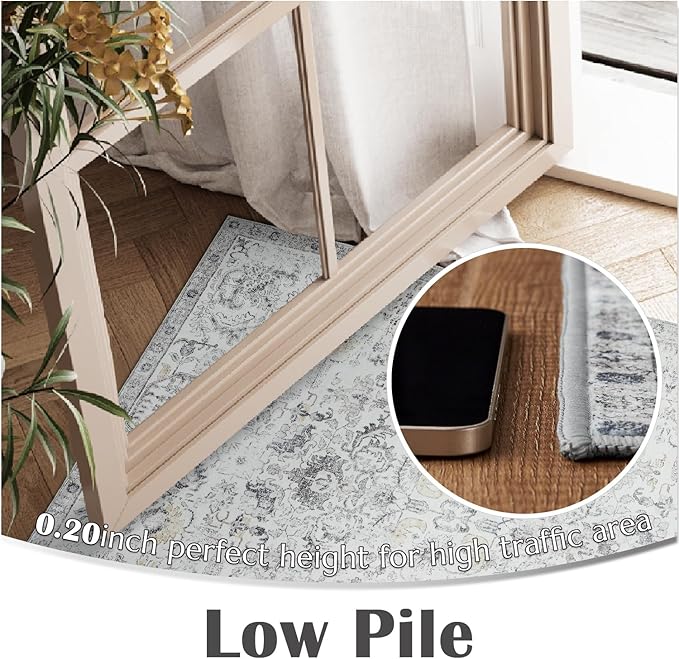 jinchan Kalen Runner Rug 2x6 Washable Area Rug Soft Vintage Hallway Indoor Floor Mat Thin Retro Distressed Carpet Grey Floral Country Non Slip Bathroom Kitchen Bedroom Living Room