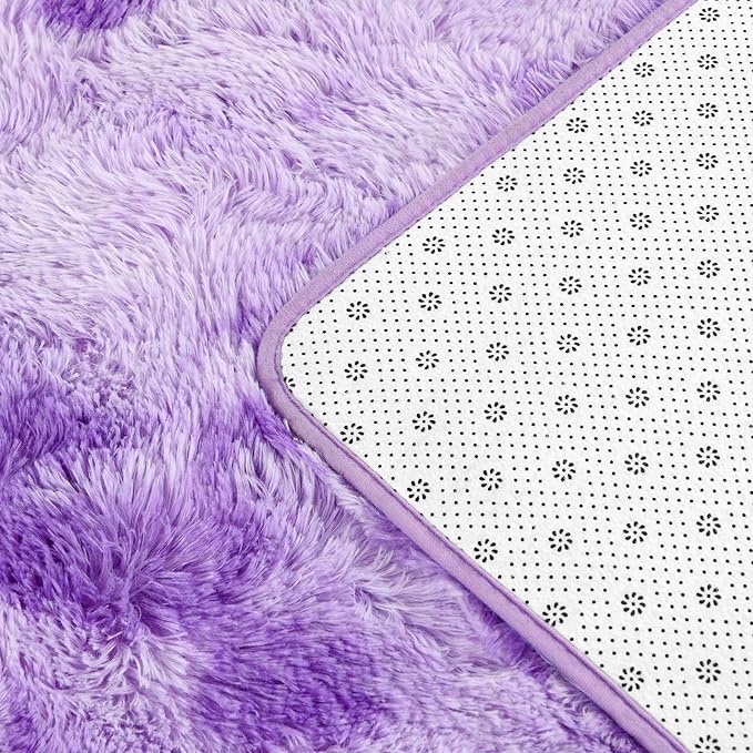 Soft Modern Shaggy Fluffy Carpets for Living Room Bedroom Girls Room Nursery Home Decor, 4 X 6 Tie-Dyed Plush Fuzzy Rugs, Indoor Carpet Shag Area Rug for Kids Room, Purple