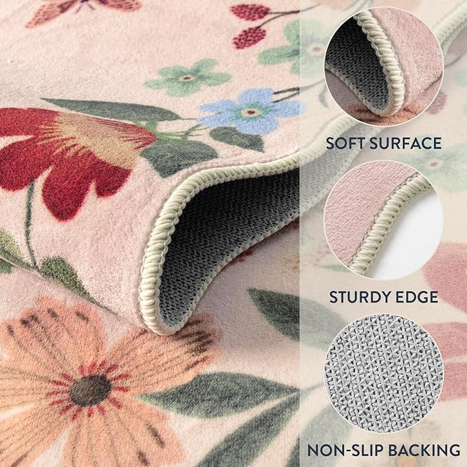 Lahome Floral Washable Rugs, 4X6 Pink Rugs for Bedroom Girls Ultra-Thin Soft Living Room Rug, Non-Slip Stain Resistant Boho Throw Carpet for ‎Nursery Office, Light Pink