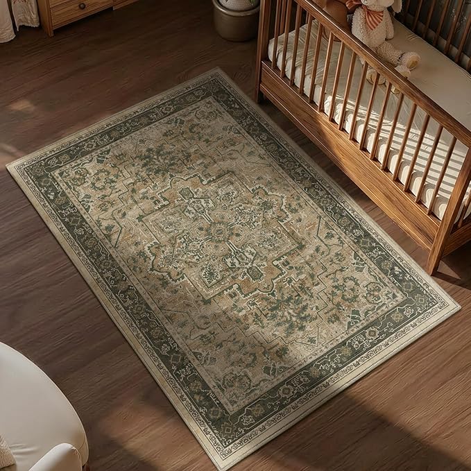 Retro Distressed 3x5 Area Rugs Washable Non Slip, Medallion Printed Small Foyer Throw Rugs for Entryway, Thin Carpet for Bedroom/Mudroom/Dorm/Bathroom/Kitchen/Closet, Multi Brown/Green