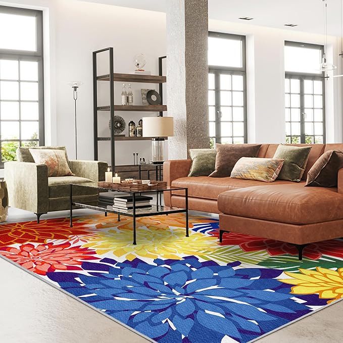 Colorful 6x9 Outdoor Area Rug Washable Multicolored Patio Rug Tropical Botanical Floral Chenille Waterproof Outdoor Carpet Non-Slip for Patio, Deck, Backyard, Porch, Rainbow