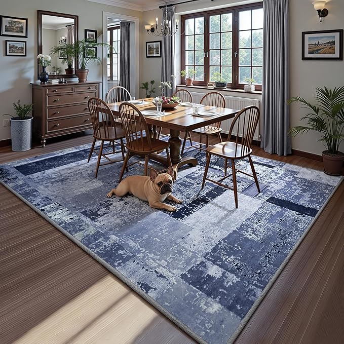 LOCHAS Rug for Living Room 6x9, Washable Soft Area Rugs for Bedroom, Abstract Carpet for Indoor Office Kids Dining Room Nursery Floor, Blue Geometric Vintage Home Decor, Non Slip, Pet Child Friendly