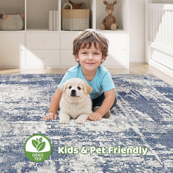 10x14 Area Rugs Living Room: Washable Large Abstract Modern Soft Rug Stain Resistant Indoor Floor Non Slip Accent Carpet for Bedroom Nursery Playroom Office Dining Room Dorm Home House- Navy Grey