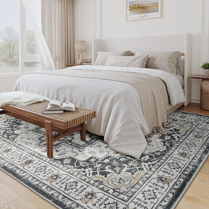 zesthome Area Rug 8x10,Ultra-Thin Washable Rugs for Living Room, Non-Slip Backing Area Rugs,Small Entryway Rug,Vintage Medallion Pattern Rugs (Black,8'x10')