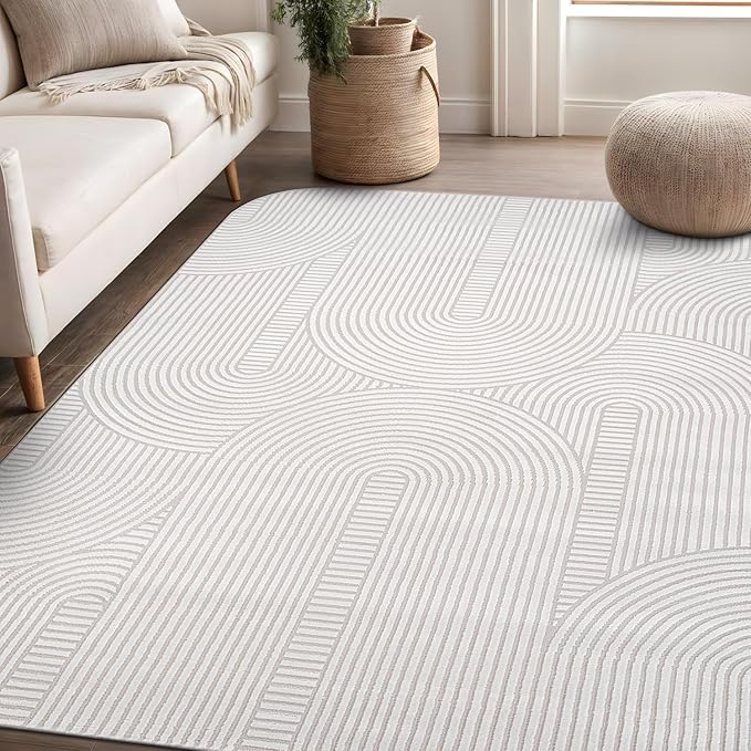 Beverly Rug Modern Geometric Area Rug 4x6 Low-High Pile Durable Soft Abstract Semi-Circles Indoor Rugs for Living Dining Room Office Stain Resistant Non Shedding Indoor Carpet Beige White 4 x 6