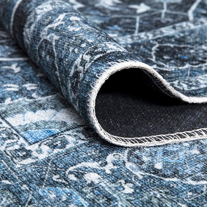 Bloom Rugs Caria Washable Non-Slip 8x10 Rug - Blue/Charcoal Traditional Area Rug for Living Room, Bedroom, Dining Room, and Kitchen - Exact Size: 7'8" x 10'