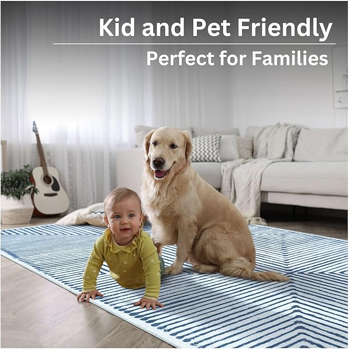 Bloom Rugs Washable Non-Slip 8' x 10' Rug - Blue/Ivory Striped Area Rug for Living Room, Bedroom, Dining Room, and Kitchen - Exact Size: 8' x 10'