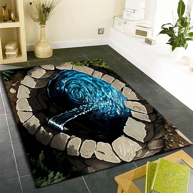 3D Well Waterfall Bedroom Carpet, 4x5ft, Visual Illusion Deep Hole Entrance Rug, Huge Stone Cracks Non-Slip Rugs, Cozy Breathable with Non Slip Backing Mat for Indoor Bedside