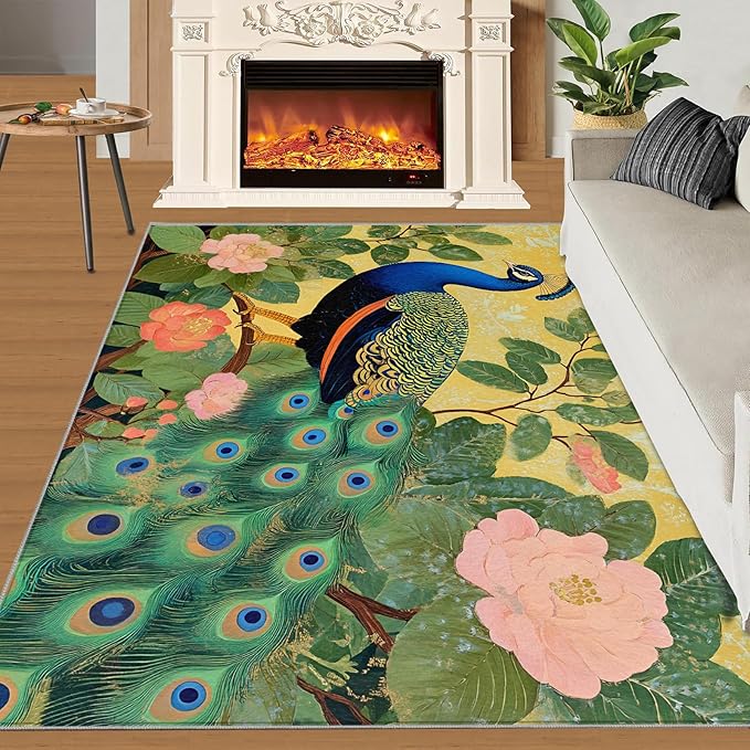Peacock Peony Rugs for Bedroom - 6x9 Rug, Peacock Decor Area Rugs for Living Room, Peony Flower Carpet, Floral Animal Washable Area Mat, Aesthetics Carpet - Peafowl Home Decor & Gifts