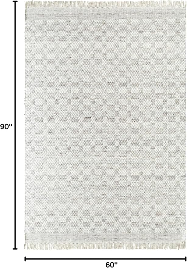 Mark&Day Wool Rugs, 5x8 Clinten Solid and Border Light Gray Checkered Rug, Grey Ivory Carpet for Living Room, Bedroom or Kitchen (5' x 7'6")