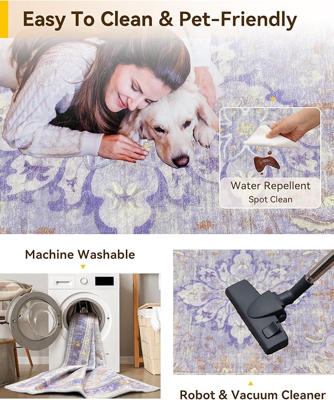 Area Rugs 6'x9' Washable Non-Slip, Floral Vintage Distress Print Pattern Medallion Carpet for Living Room Bedroom Dining Room, Light Purple Brown