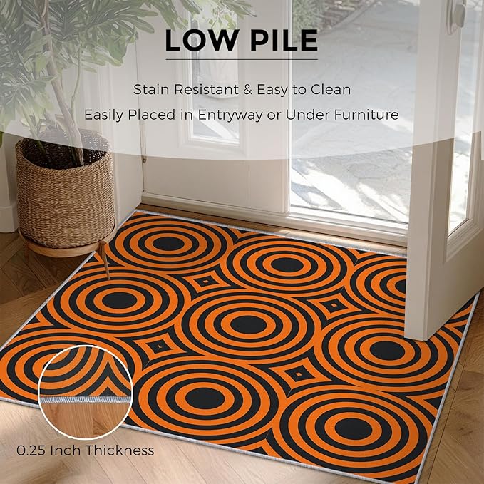 5x6 Geometric Circle Rugs for Bedroom Decor, Washable Retro 60s 70s Geometry Pattern Area Rug, Living Room Home Decoration, Non Slip Soft Thin, Black Orange Decor Carpet PF-P 49