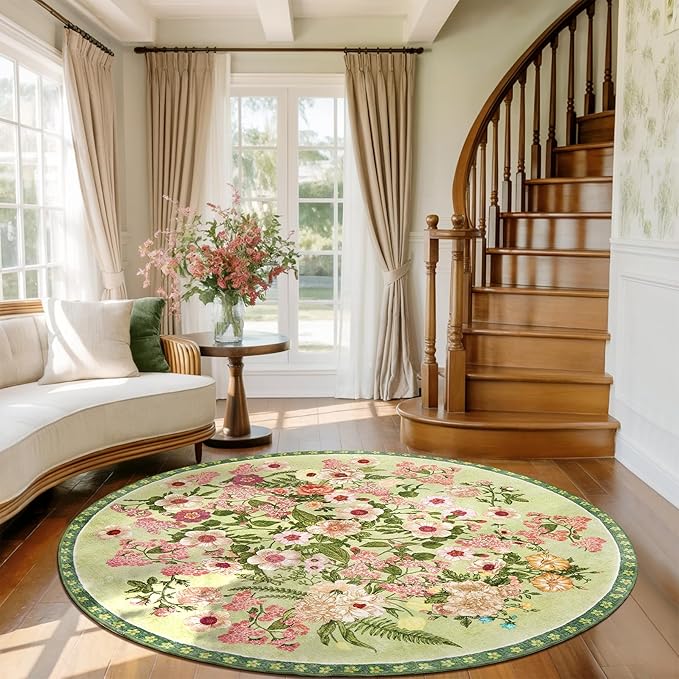 Floral Washable Round Area Rug - 6x6 Round Rugs Living Room Rug Soft Non-Slip Low Pile Large Indoor Accent Circle Carpet for Closet Bedroom Dining Room Home Office Nursery, 6ft Green