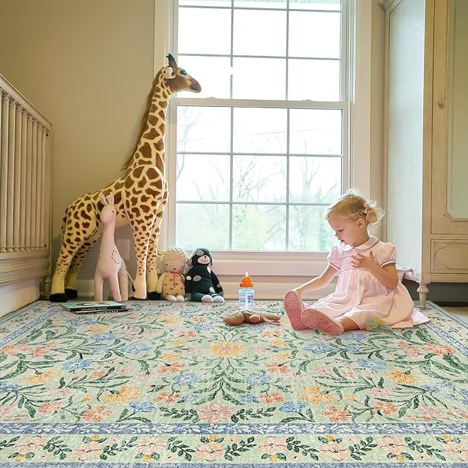 Morebes Boho Washable Area Rugs 8x10 Non Slip, Soft Floral Nursery Rug Girl Bedroom, Ultra-Thin Vintage Distressed Carpet for Living Room Dorm Aprtment, Green/Pink
