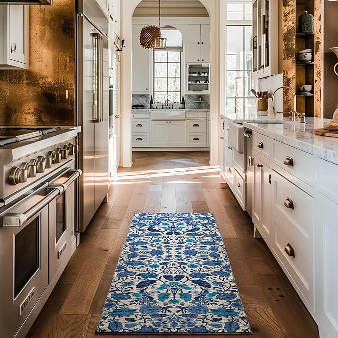 EVERGRACE Hallyway Area Runner Rugs 2x6, Boho Floral Faux Wool Indoor Outdoor Rugs, Washable Rugs for Bedroom Bathroom Living Room Kitchen, Low Pile Floor Mat Carpet for Home Decor, Celtic Blue