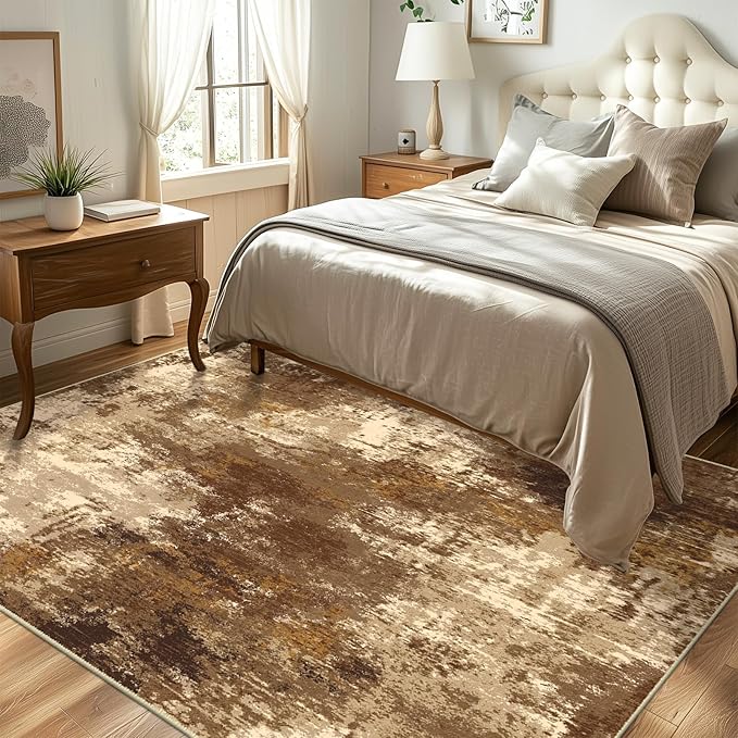 Washable Area Rugs 9'x12' Non-Slip Modern Abstract Soft for Living Room Entryway Bedroom Nursery, Print Pattern, Brown Tan Beige Coffee
