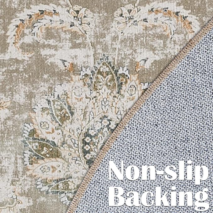 jinchan Fiora Round Rug 6ft Area Rugs Vintage Floral Distressed Design - Machine Washable Non-Slip Low-Pile Ultra-Thin Circle Rug for Entryway Bedside Living Room Dining Room Bedroom (6' Round, Taupe)
