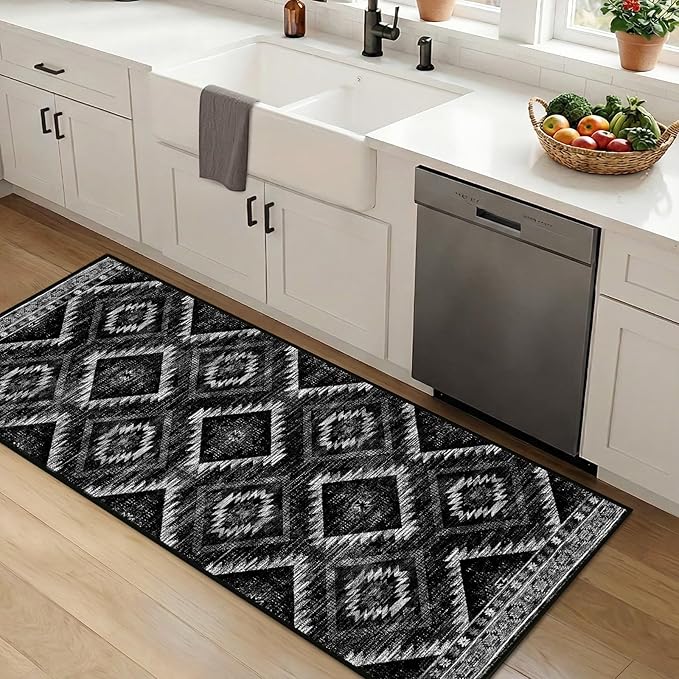 Area Rug 2x4 Rug Machine Washable Non-Slip Low Pile Print Pattern Western Rug for Living Room Bedroom Entryway Tribal Series-Black