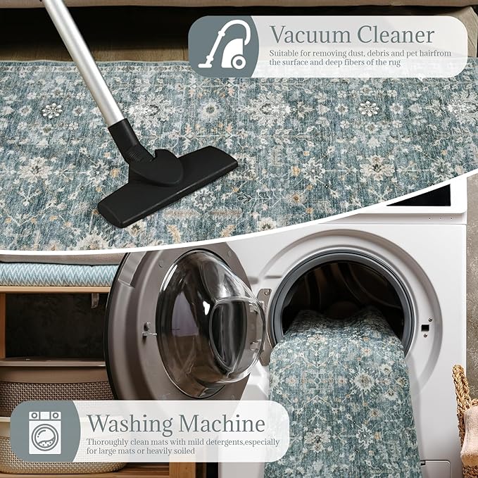 2'x6' Washable Runner Rug Utral Soft Lightweight Vintage Boho Distressed Non-Slip Backing,Low Pile Stain Resistant Farmhouse Rug for High-Traffic Hallway, Kitchen & Laundry