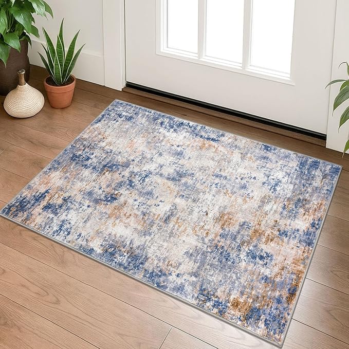 Modern Abstract Entryway Rug Indoor 2x3 Washable Non-Slip Soft Grey Blue Orange Colorful Small Area Rug Kitchen Mat Thin Print Faux Wool Floor Carpet for Entrance Bedroom Office