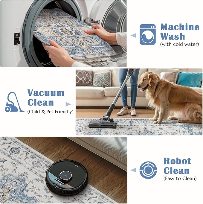 jinchan Area Rug 3x5 Vintage Washable Entryway Rug Floral Medallion Floor Cover Lightweight Non Slip Thin Retro Classic Soft Boho Farmhouse Carpet for Living Room Bedroom Dining Room Kitchen Blue
