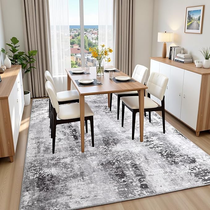 Washable Abstract Rug, 8x10 Modern Area Rugs with Non-Slip Rubber Backed for Living Room, Thin but Soft Contemporary Carpet Kitchen Bedroom Dining Room Decor, Dark Grey