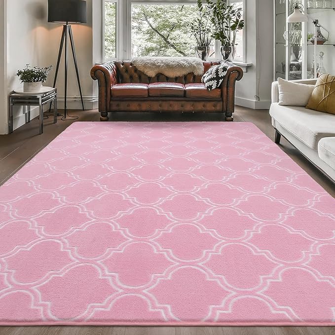 Amearea Fluffy Indoor Trellis Rug, Soft Moroccan Home Rugs for Bedroom, Shag Modern Area Rug for Living Room Kids Room Nursery, Easy Clean, Home Decor Low Pile Carpet, Pink 4x6 Feet