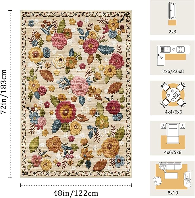 4x6 Machine Washable Area Rug for Living Room, Beige Vintage Boho Floral Rug Large Non-Slip Low Pile Soft Faux Wool Carpet, Kids and Pets Friendly for Bedroom Dining Room Farmhouse Home Decor Rug