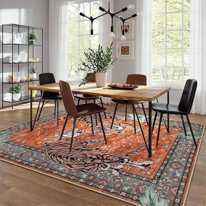 Moynesa Tiger Washable Area Rug, 9x12 Living Room Rug, Vintage Non Slip Large Rug for Dining Room, Ultra Thin Boho Soft Stain Resistant Indoor Carpet for Bedroom Guest Room, Rust