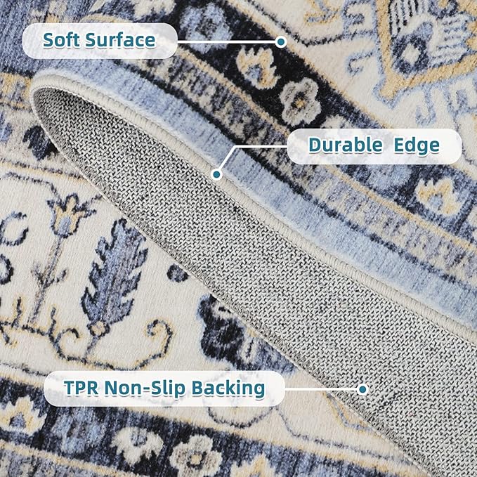 Dripex Vintage Washable Area Rug - 4x6 Distressed Rugs for Living Room Bedroom Oriental Medallion Floral Print Carpet Low-Pile Indoor Soft Non-Slip Accent Rug Farmhouse Office Home Decor