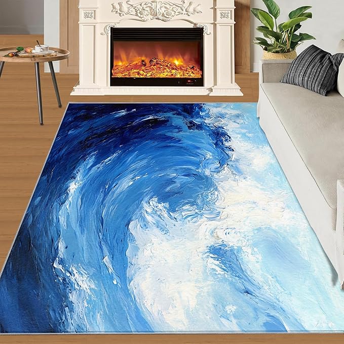 Japanese Ocean Rugs for Bedroom - 6x9 Area Rug - Ukiyo-E Ocean Waves Rugs for Living Room, Abstract Oil Painting Ocean Rug, Washable Home Decor Carpet
