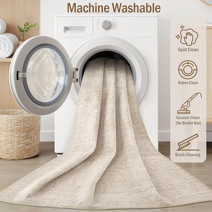 6x9 Area Rugs Living Room: Washable Large Vintage Beige Rug Neutral Non-Slip Soft Stain Resistant Indoor Carpet for Bedroom Nursery Dining Room Under Table Bed Home House Office Playroom