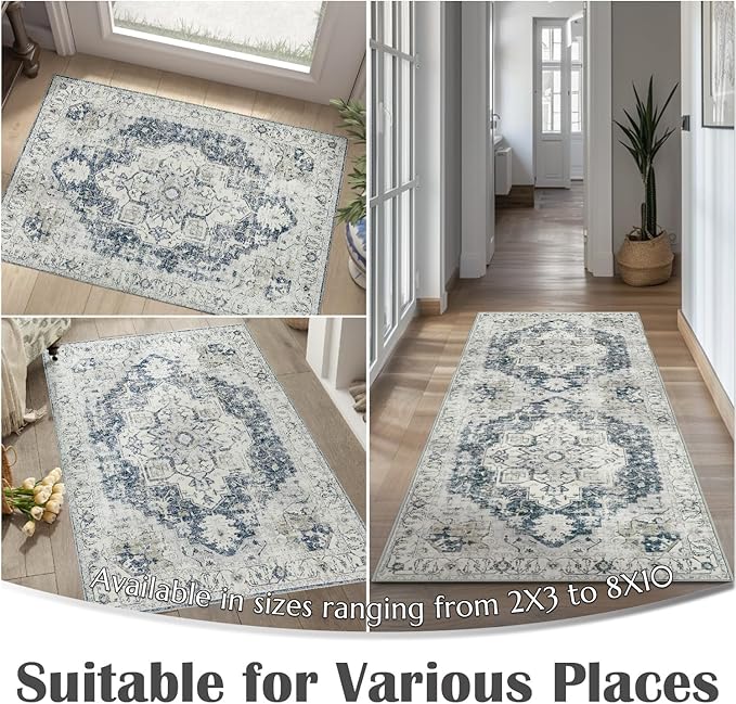 jinchan Kelda Area Rug 5x7 Washable Bedroom Rug Vintage Soft Indoor Floor Cover Retro Distressed Mat Accent Lightweight Non-Slip Thin Carpet for Kitchen Bathroom Living Room Grey