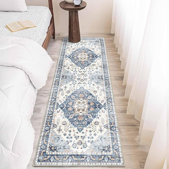 Enkor Runner Rugs for Hallway, 2x6 Washable Soft Non Slip Floor Rugs for Kitchen, Modern Mat for Living Room Bedroom Entryway Blue & White